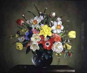 Narcissi Anemones Tulips Forsythia Rhododendron and Apple Blossom in a Glass Vase by John Sargeant Noble, R.B.A.