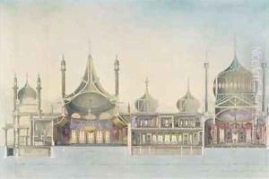 Longitudinal Section L to R Organ Music Room Gallery Salon Banqueting Room Pages Room Kitchen from Views of the Royal Pavilion by John Nash