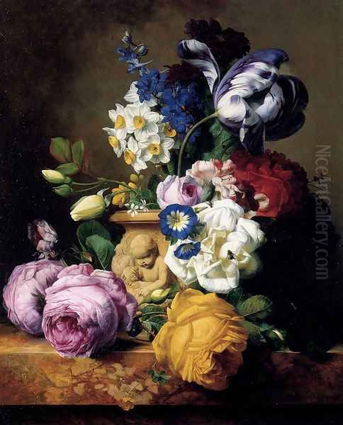 Roses,Tulips, Morning Glory, Delphinium And Primrose Peerless In A Terra Cotta Vase On A Marble Ledge - view 1