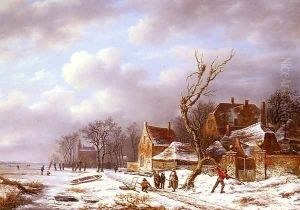 Gathering Wood In A Winter Landscape by Pierre Francois de Noter