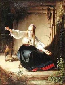 A Girl Feeding Hens 1839 by Timoleon Carl von Neff