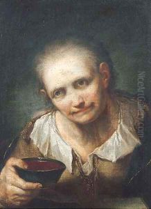 An old woman, holding a bowl