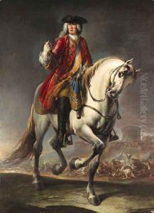 Equestrian portrait of Field Marshal Count Johann Matthias von der Schulenburg, full-length, in a red coat and a breastplate on a grey mare by Giuseppe Nogari