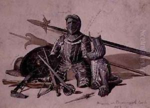 Study of armour and weapons at Brancepeth Castle Durham 1818 by William Andrews Nesfield