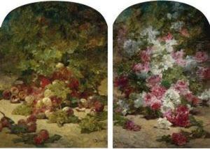 Peaches And Grapes Beneath A Tree And Summer Blooms by Georges Jeannin