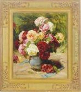 Still Life Of A Vase Of Roses by Georges Jeannin