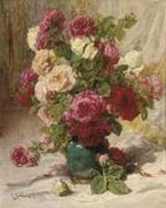Red, Yellow And White Roses In A Green Vase by Georges Jeannin