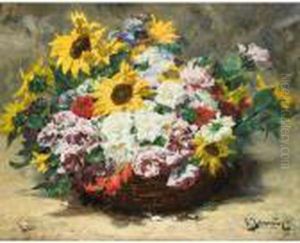 Panier De Roses Et Tournesols [ ;
 Basket Of Roses And Sunflowers ; Oil On Canvas Signed Lower Right]