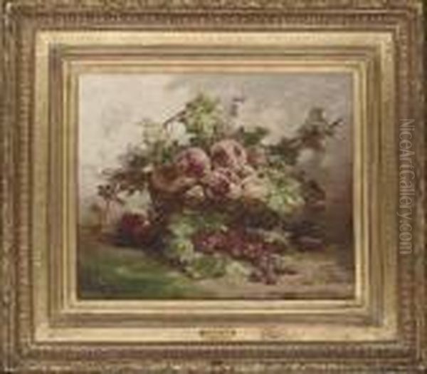 A Basket Of Peaches By Raspberries On A Mossy Bank - view 1