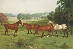 Four hunters in a parkland landscape with fallow deer beyond by Basil J. Nightingale