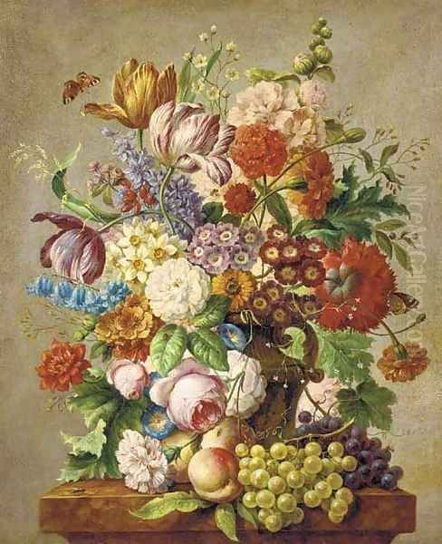 Assorted summer flowers in a vase on a stone ledge - view 1