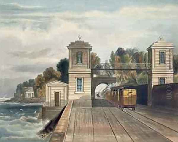 Dublin and Kingstown Railway Granite Pavilions and Tunnel Entrance at Lord Cloncurrys Demesne of Maratimo near Blackrock Kingstown Harbour in the Distance - view 1
