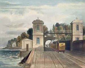 Dublin and Kingstown Railway Granite Pavilions and Tunnel Entrance at Lord Cloncurrys Demesne of Maratimo near Blackrock Kingstown Harbour in the Distance by Andrew Nicholl