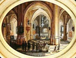 A Cathedral interior with a candlelit procession by Pieter the Younger Neefs