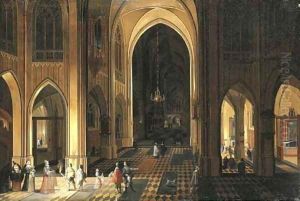 The interior of a Gothic church with figures at night by Pieter the Younger Neefs