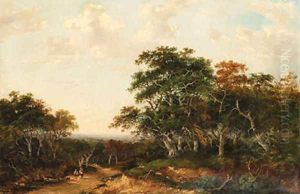 A wooded landscape with travellers on a path - view 1