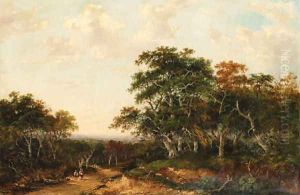 A wooded landscape with travellers on a path by Charlotte Nasmyth