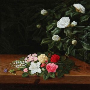 Flower Bouquet On A Sill At A White Camillia Bush And Elephant Ear by I.L. Jensen