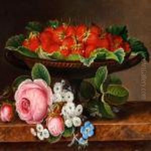 Still Life With Strawberries In A Greek Bowl And A Bunch Of Pink Roses by I.L. Jensen