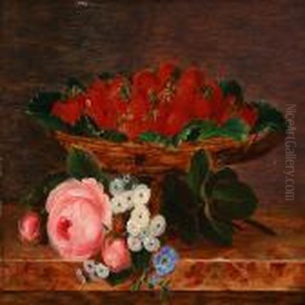 Strawberries And Pink Roses On A Sill - view 1