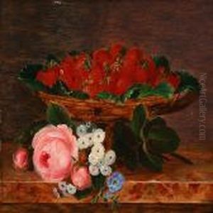Strawberries And Pink Roses On A Sill