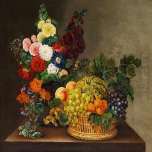 Still Life With Flowers In A Vase And Fruit In A Basket On Atable