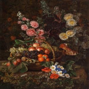 Still Life With Fruit In A Basket And A Bunch Of Poppies,cornflowers And Marguerites