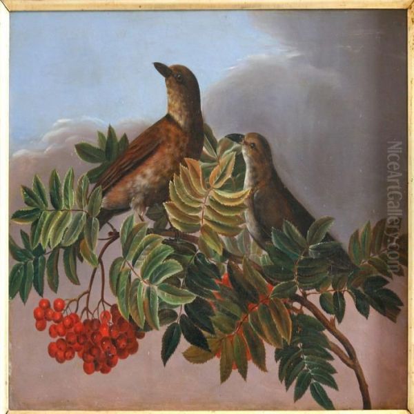 Two Birds On A Rowanberry Twig - view 1
