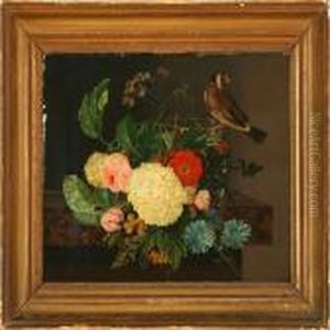 Flower Bouquet With A Vase And Bird On A Stone Frame