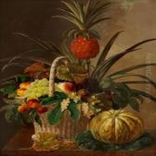 Still Life With Pineapple, Grapes, Peaches, Nuts, Berries And Leaves In A Basket - view 1