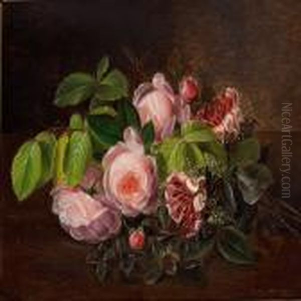 A Bunch Of Pink Roses, Caprifolium And Beech Twigs - view 1