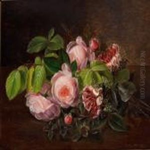 A Bunch Of Pink Roses, Caprifolium And Beech Twigs