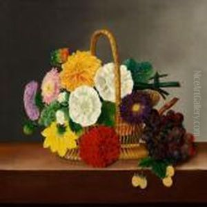 Flower Still Life With Dahlias, Asters And Hollyhocks In A Basket On A Table