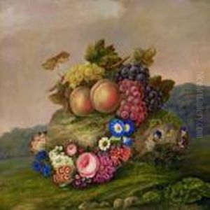 Still Life With Fruitsand Flowers In Landscape by I.L. Jensen