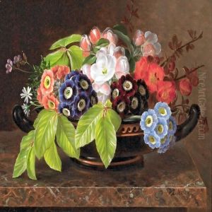 Opstilling Pa Karm Med Primula, AEbleblomst Og Spaede Bogeblade I Klassisk Terracotta Fad