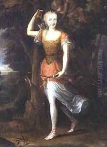 Portrait of a lady thought to be Diane Denise de Boillon as Diana with Cupid by Jean Nocret I
