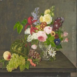 A Bouquet Of Roses, Lilacs, Columbines, Bindsweeds And Lily With Grapes And Melon