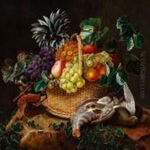 Still Life With Fruit In A Basket And Game Birds On A Stump Of Tree by I.L. Jensen