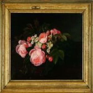 A Still Life With Pink Roses And White Myrtles On A Window Still by I.L. Jensen