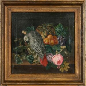 Still Life With Flowers, Fruits And Parrot by I.L. Jensen
