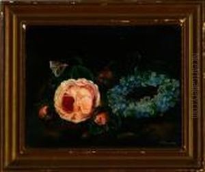 Pink Roses At A Forget-me-not Wreath by I.L. Jensen