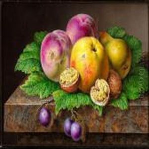 Pear, Apple, Walnuts, Peaches And Grapes On Cabbage Leaves by Johan Laurentz Jensen