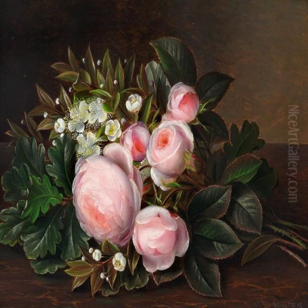 Pink Roses And Myrtle On A Sill - view 1
