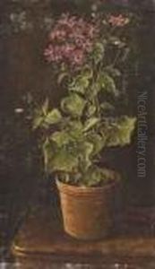 Flowers In A Terracotta Pot On A Wooden Table by Johan Laurentz Jensen