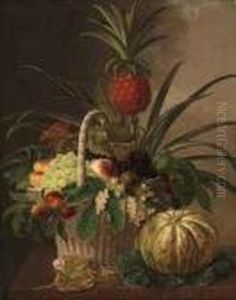 Pineapple, Grapes, Peaches, Nuts, And Berries In A Basket, On Amarble Ledge