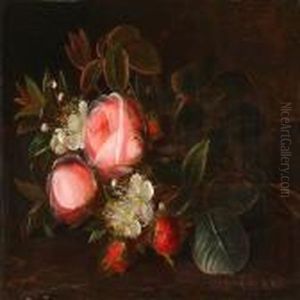 A Bouquet Of Pink Rosesand Hawthorn On A Table by Johan Laurentz Jensen