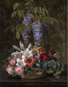 Blaregn Med Roser, Liljer Og 
Sommer Blomster I En Kurv (wisteriawith Roses, Lilies And Summer Flowers
 In A Basket)