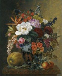 Exotic Blooms In A Grecian Krater With Fruit On A Marble Ledge by Johan Laurentz Jensen
