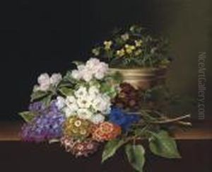 Lilac, Apple Blossom, Cornflowers And Sweet Williams With A Pot Of Violas On A Ledge