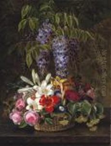 Wisteria With Roses, Lilies, And Summer Flowers In A Basket